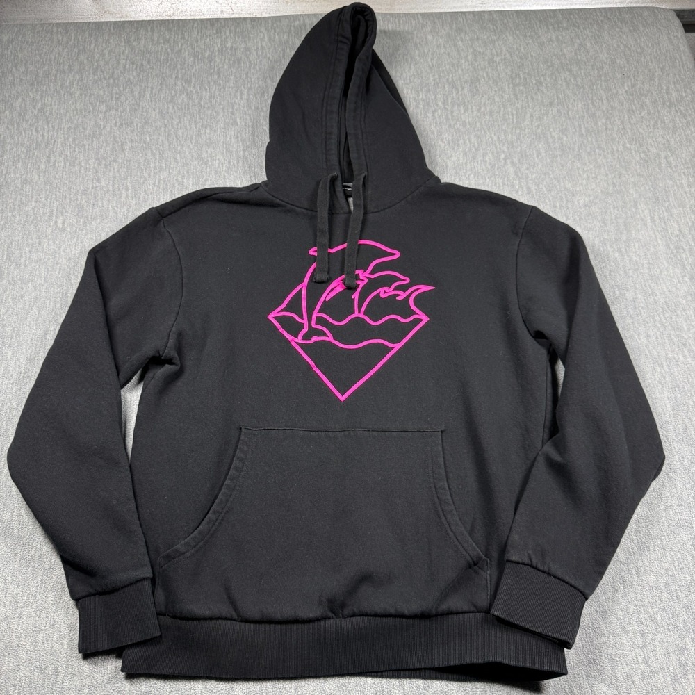 Pink Dolphin Hoodie Mens Large Black Neon Pink Waves Graphic Fleece Pullover